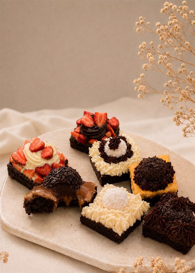 Brownies cobertos de brigadeiro, decorados com morango, beijinho de coco e doce de leite