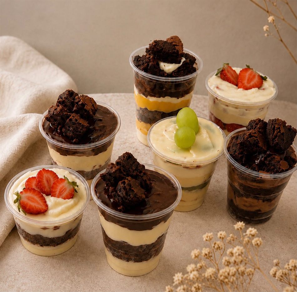 Seis copos de sobremesa em camadas, com creme, brownie e frutas por cima