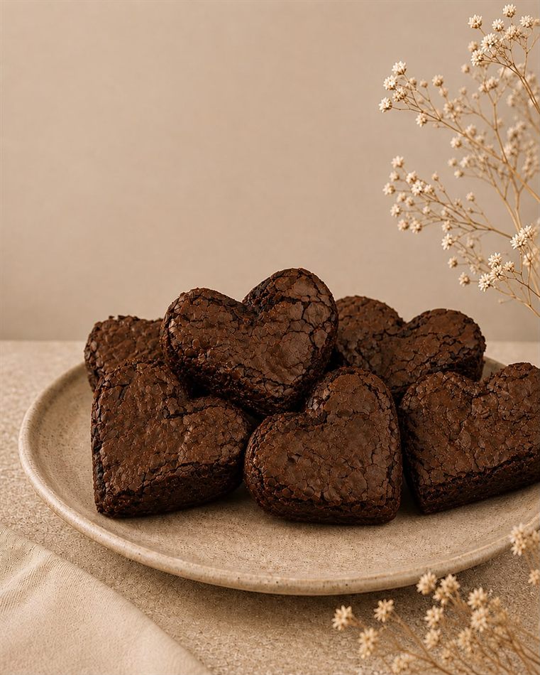 Brownies em formato de coração empilhados em um prato de cerâmica