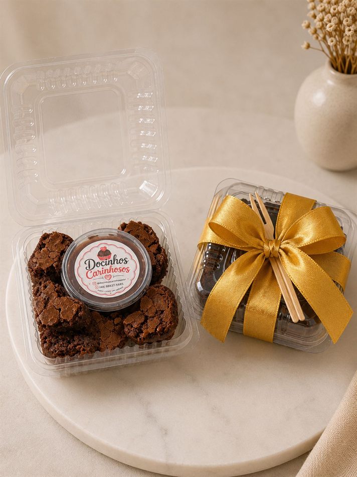 Potinhos de brownie com calda e um embrulho de presente com laço dourado