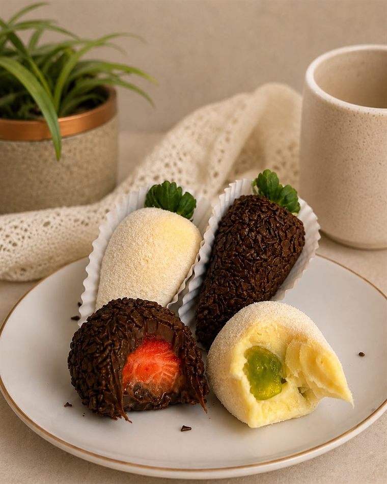 Coxinhas doces cobertas de coco ou granulado de chocolate, uma delas partida ao meio mostrando o recheio de morango e outra mostrando recheio de uva